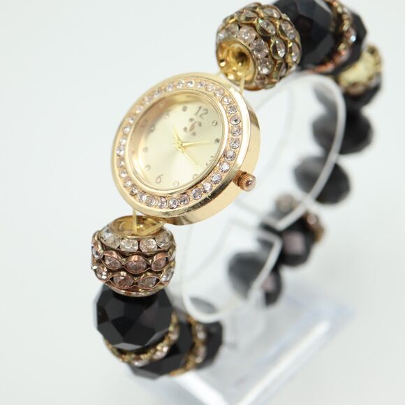 Charming Charlie Gold Tone Large Bead Watch 31mm Gem Set Stretch w New Battery - Picture 12 of 16